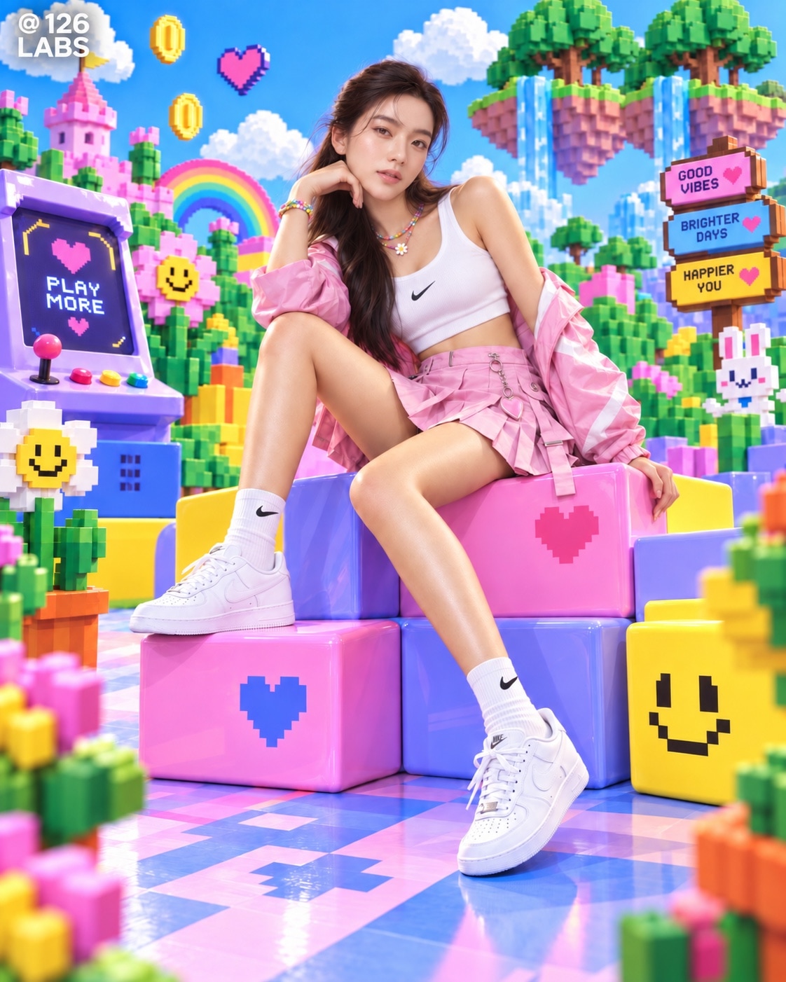 Nike Pixel World — AI Campaign Concept — Nike Pixel World / arcade fashion frame